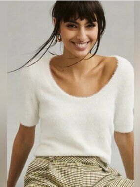 Anthropologie Maeve Scoop Neck Eyelash Sweater Tee White Fuzzy Short-Sleeve